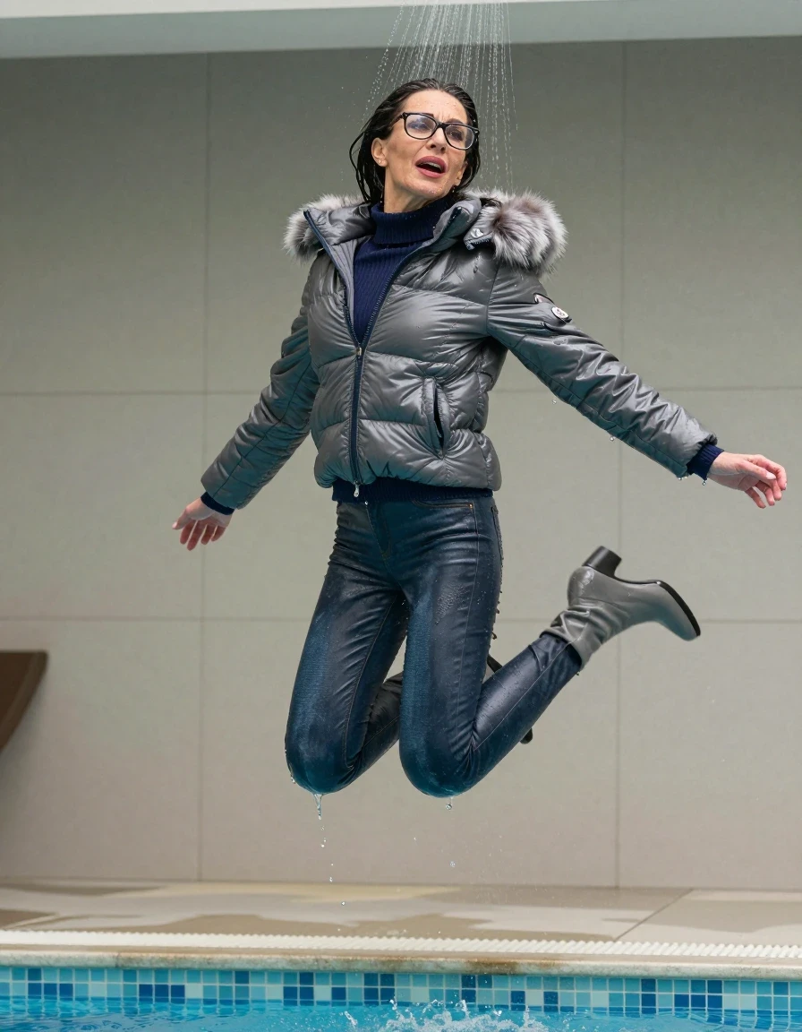 photo of young woman, in soaking wet, drenched clothes,
gray heeled boots, long back leather jeans, dark blue sweater with neck, maxi gray Moncler Shiny puffer down jacket with fur, jumping and taking shower after bath in indoor pool, enjoying wet clothes stuck body, enjoying, wet clothes stuck to body, 
enjoying, wet clothes stuck to body,
detailed textures of the wet clothes, wet face, wet plastered hair,
wet, drenched, professional, high-quality details, full body view.
sharp focus, ultra-high pixel detail, realistic, high-quality, full colors, incredibly detailed, 4k, 8k, 16k, hyper-realistic, RAW photo, masterpiece, ultra-detailed, professionally color graded, professional photograph, europen brunette skinny woman 50 years old, long dark black hair, office glasses, very big and thick lips, open mouth, complete body, wet skin, wet clothes, damp fabric, wet skin, wet clothes, damp fabric, wet skin, wet clothes, damp fabric, wet skin, wet clothes, damp fabric, wet skin, wet clothes, damp fabric, wet skin, wet clothes, damp fabric, wet skin, wet clothes, damp fabric