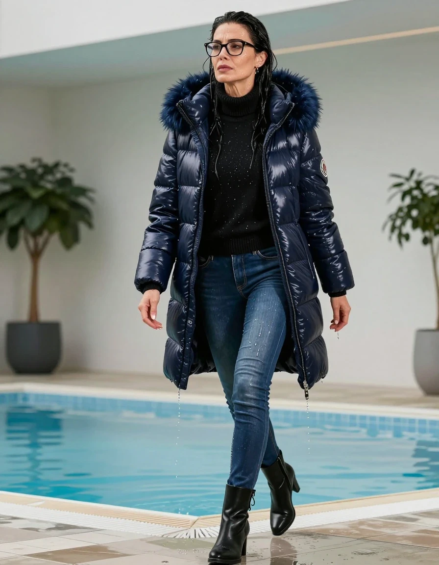 photo of young woman, in soaking wet, drenched clothes,
black heeled boots, long blue leather jeans, black sweater with neck, maxi dark blue Moncler Shiny puffer down jacket with fur, walking and taking shower after bath in indoor pool, enjoying wet clothes stuck body, enjoying, wet clothes stuck to body, 
enjoying, wet clothes stuck to body,
detailed textures of the wet clothes, wet face, wet plastered hair,
wet, drenched, professional, high-quality details, full body view.
sharp focus, ultra-high pixel detail, realistic, high-quality, full colors, incredibly detailed, 4k, 8k, 16k, hyper-realistic, RAW photo, masterpiece, ultra-detailed, professionally color graded, professional photograph, europen brunette skinny woman 50 years old, long dark black hair, office glasses, very big and thick lips, complete body, wet skin, wet clothes, damp fabric, wet skin, wet clothes, damp fabric, wet skin, wet clothes, damp fabric, wet skin, wet clothes, damp fabric, wet skin, wet clothes, damp fabric, wet skin, wet clothes, damp fabric, wet skin, wet clothes, damp fabric