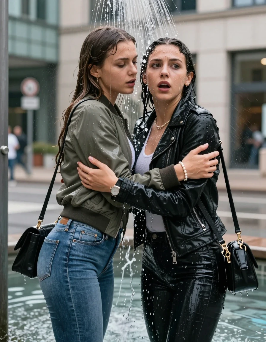 photo of young woman, in soaking wet, drenched clothes,
, Skinny jeans, Bomber jacket , Long sleeve turtleneck sweater belly free, shoulderbag, pearl necklace, bracelet, wristwatch, Under the shower Standings in fountain in front of a office on the street, strong jet of water, 
enjoying, wet clothes stuck to body,
detailed textures of the wet clothes, wet face, wet plastered hair,
wet, drenched, professional, high-quality details, full body view.
sharp focus, ultra-high pixel detail, realistic, high-quality, full colors, incredibly detailed, 4k, 8k, 16k, hyper-realistic, RAW photo, masterpiece, ultra-detailed, professionally color graded, professional photograph, Long Sleek straight hair

Two 21-years-old  teenage girl and her female  friends

One looks down, one looks up. Open mouth. hugs her friend. Water running down her face and neck.

The girls wear different clothes and jackets. One wear a Bomber jacket, one wear a leatherjacket.

she is completely underwater up to her neck, afraid and astonished expression. 

her clothing is soaking wet and clinging tightly to her skin, showing heavy wet folds, darkened fabric texture, and deep water-saturated Patches, her clothes are heavy from the water, water runs from her body and her clothes in streams. A lot of water also runs out of her clothes. Her clothes are darkened by the water. Her submerged clothes are good visible under the water.  she soaked her handbag into the water.

close up view, wet skin, wet clothes, wet hair, damp fabric, water runs down the clothes, wet skin, wet clothes, damp fabric. cinematic medium shot, hyper-realistic wetness, high-contrast water sheen, sharp focus, 16k resolution, professional photography, realistic water physics., wet skin, wet clothes, damp fabric, wet skin, wet clothes, damp fabric, wet skin, wet clothes, damp fabric, wet skin, wet clothes, damp fabric, wet skin, wet clothes, damp fabric, wet skin, wet clothes, damp fabric, wet skin, wet clothes, damp fabric, wet skin, wet clothes, damp fabric, wet skin, wet clothes, damp fabric, wet skin, wet clothes, damp fabric, wet skin, wet clothes, damp fabric, wet skin, wet clothes, damp fabric