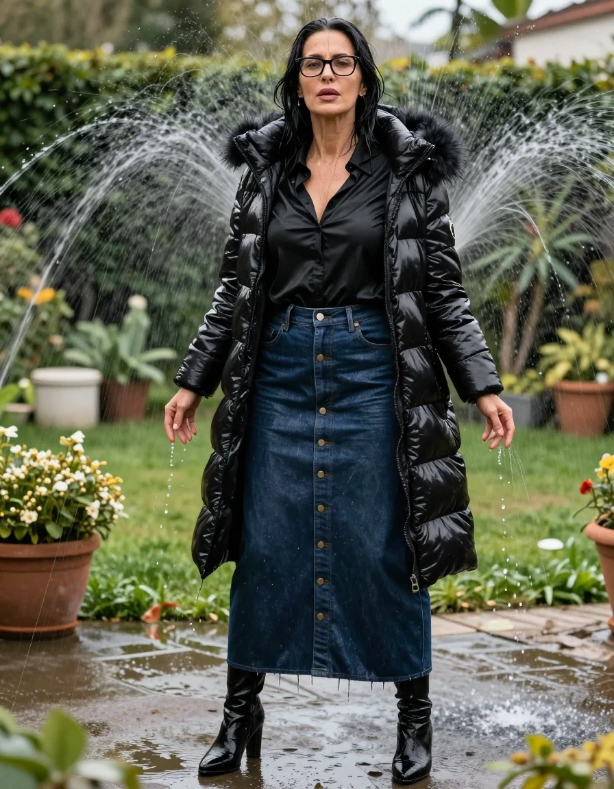 photo of young woman, in soaking wet, drenched clothes,
black heeled boots, maxi dark blue leather denim skirt with buttons, black satin shirt, maxi black Shiny puffer down jacket with fur, in sunny garden under sprinklers enjoying wet clothes stuck body, enjoying, wet clothes stuck to body, 
enjoying, wet clothes stuck to body,
detailed textures of the wet clothes, wet face, wet plastered hair,
wet, drenched, professional, high-quality details, full body view.
sharp focus, ultra-high pixel detail, realistic, high-quality, full colors, incredibly detailed, 4k, 8k, 16k, hyper-realistic, RAW photo, masterpiece, ultra-detailed, professionally color graded, professional photograph, europen brunette skinny woman 50 years old, long dark black hair, office glasses, very big and thick lips, complete body, wet skin, wet clothes, damp fabric, wet skin, wet clothes, damp fabric, wet skin, wet clothes, damp fabric, wet skin, wet clothes, damp fabric, wet skin, wet clothes, damp fabric, wet skin, wet clothes, damp fabric, wet skin, wet clothes, damp fabric