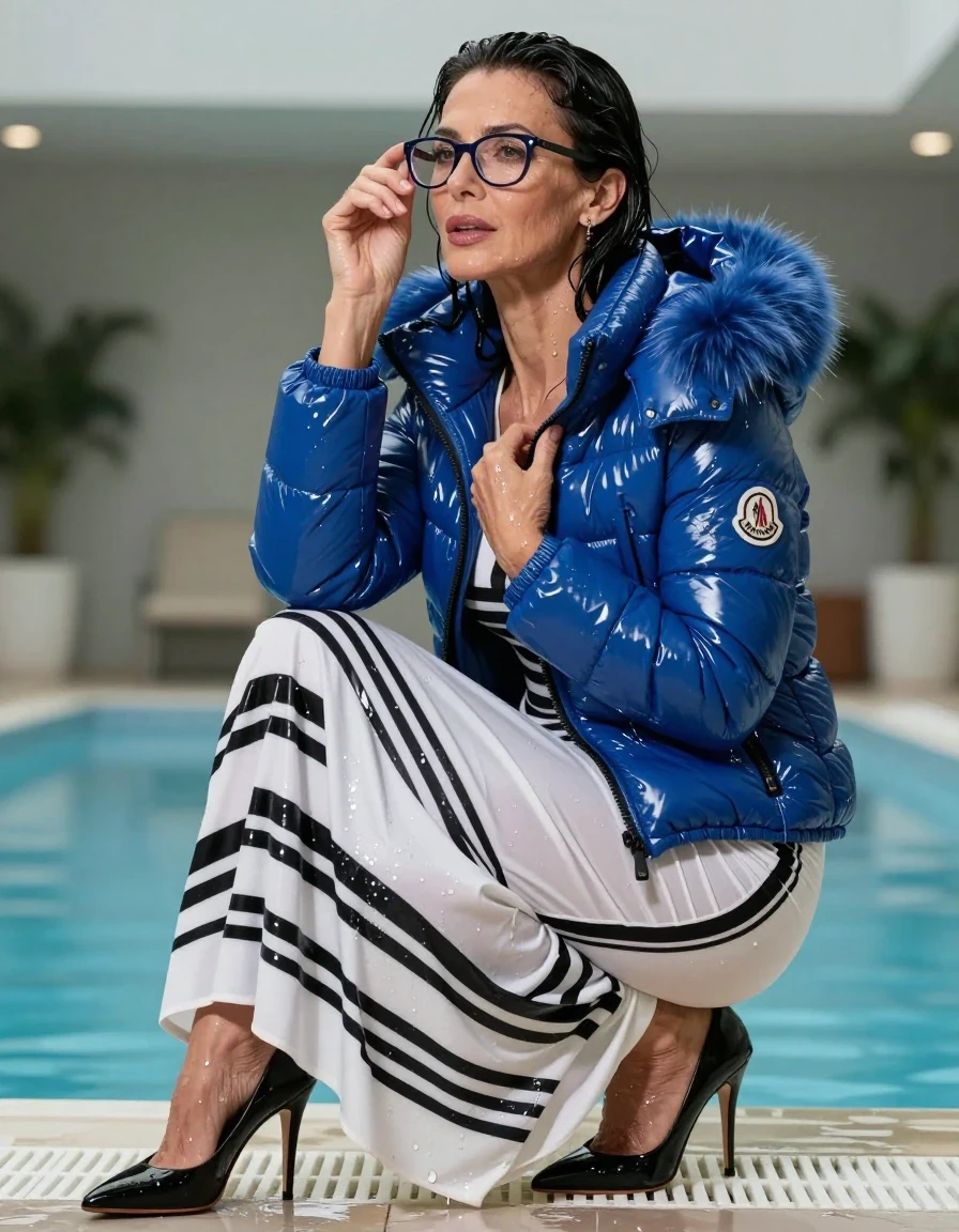 photo of young woman, in soaking wet, drenched clothes,
black high-heels shoes, maxi white & black striped dress, maxi white & black striped dress, maxi blue Moncler Shiny puffer down jacket with fur, after bath in indoor pool, enjoying wet clothes stuck body, enjoying, wet clothes stuck to body, 
enjoying, wet clothes stuck to body,
detailed textures of the wet clothes, wet face, wet plastered hair,
wet, drenched, professional, high-quality details, full body view.
sharp focus, ultra-high pixel detail, realistic, high-quality, full colors, incredibly detailed, 4k, 8k, 16k, hyper-realistic, RAW photo, masterpiece, ultra-detailed, professionally color graded, professional photograph, europen brunette skinny woman 50 years old, long dark black hair, office glasses, very big and thick lips, complete body, wet skin, wet clothes, damp fabric, wet skin, wet clothes, damp fabric, wet skin, wet clothes, damp fabric, wet skin, wet clothes, damp fabric, wet skin, wet clothes, damp fabric, wet skin, wet clothes, damp fabric, wet skin, wet clothes, damp fabric