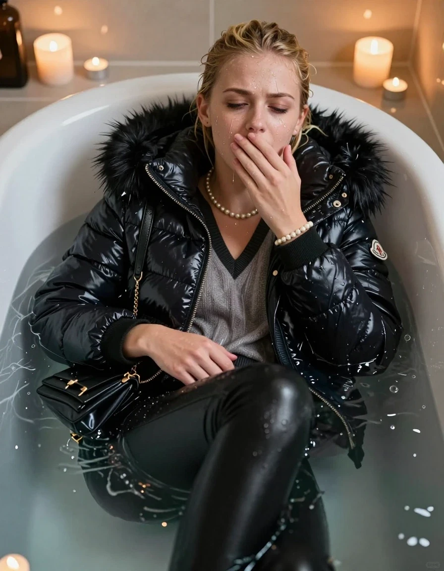 photo of young woman, in soaking wet, drenched clothes,
, Black leatherleggings , moncler shiny puffer down jacket with fur, v-neck sweater, shoulderbag, pearl necklace, bracelet, wristwatch, Bathtube, 
enjoying, wet clothes stuck to body,
detailed textures of the wet clothes, wet face, wet plastered hair,
wet, drenched, professional, high-quality details, full body view.
sharp focus, ultra-high pixel detail, realistic, high-quality, full colors, incredibly detailed, 4k, 8k, 16k, hyper-realistic, RAW photo, masterpiece, ultra-detailed, professionally color graded, professional photograph, Blonde sleek bun 
15-years-old  teenage girl 

Only head and shoulders are over the surface visible.  Looking at camera. half closed eyes. Hold a hand on her mouth. 

Sitting in a deep, white porcelain bathtub filled with warm, steaming water. She is leaning her head back with a horny and sexuell aroused expression. She has a great orgasm and moans heavy. The bathroom is softly lit by the warm, flickering glow of multiple tea lights placed around the tub and a larger scented candle nearby, creating a romantic and intimate atmosphere. High-quality, 16k resolution.

she is completely underwater up to her neck, afraid and astonished expression. 

her clothing is soaking wet and clinging tightly to her skin, showing heavy wet folds, darkened fabric texture, and deep water-saturated Patches, her clothes are heavy from the water, water runs from her body and her clothes in streams. A lot of water also runs out of her clothes. Her clothes are darkened by the water. Her submerged clothes are good visible under the water.  she soaked her handbag into the water.

close up view, wet skin, wet clothes, wet hair, damp fabric, water runs down the clothes, wet skin, wet clothes, damp fabric. cinematic medium shot, hyper-realistic wetness, high-contrast water sheen, sharp focus, 16k resolution, professional photography, realistic water physics., wet skin, wet clothes, damp fabric, wet skin, wet clothes, damp fabric, wet skin, wet clothes, damp fabric, wet skin, wet clothes, damp fabric, wet skin, wet clothes, damp fabric, wet skin, wet clothes, damp fabric, wet skin, wet clothes, damp fabric, wet skin, wet clothes, damp fabric, wet skin, wet clothes, damp fabric, wet skin, wet clothes, damp fabric, wet skin, wet clothes, damp fabric, wet skin, wet clothes, damp fabric, wet skin, wet clothes, damp fabric, wet skin, wet clothes, damp fabric, wet skin, wet clothes, damp fabric