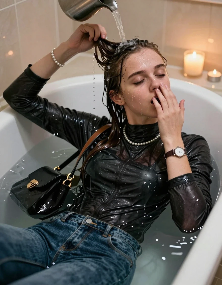 photo of young woman, in soaking wet, drenched clothes,
, Skinny jeans, Leatherjacket, Long sleeve turtleneck sweater belly free, shoulderbag, pearl necklace, bracelet, wristwatch, Bathtube, 
enjoying, wet clothes stuck to body,
detailed textures of the wet clothes, wet face, wet plastered hair,
wet, drenched, professional, high-quality details, full body view.
sharp focus, ultra-high pixel detail, realistic, high-quality, full colors, incredibly detailed, 4k, 8k, 16k, hyper-realistic, RAW photo, masterpiece, ultra-detailed, professionally color graded, professional photograph, Long Sleek straight hair

Two 15-years-old  teenage girl 

Only head and shoulders are over the surface visible. Looking at camera. Open mouth. Covers her nose with a hand. Water running down her face and neck.

sitting in a deep, white porcelain bathtub filled with warm, steaming water. She is leaning her head back with a serene and expectant expression, eyes closed. A gentle stream of water is pouring from a simple pitcher onto her hairline, with the hair in the immediate area beginning to darken and nestle down from the saturation, while the rest of her hair remains dry. The bathroom is softly lit by the warm, flickering glow of multiple tea lights placed around the tub and a larger scented candle nearby, creating a romantic and intimate atmosphere. High-quality, 8k resolution.

she is completely underwater up to her neck, afraid and astonished expression. 

her clothing is soaking wet and clinging tightly to her skin, showing heavy wet folds, darkened fabric texture, and deep water-saturated Patches, her clothes are heavy from the water, water runs from her body and her clothes in streams. A lot of water also runs out of her clothes. Her clothes are darkened by the water. Her submerged clothes are good visible under the water.  she soaked her handbag into the water.

close up view, wet skin, wet clothes, wet hair, damp fabric, water runs down the clothes, wet skin, wet clothes, damp fabric. cinematic medium shot, hyper-realistic wetness, high-contrast water sheen, sharp focus, 16k resolution, professional photography, realistic water physics., wet skin, wet clothes, damp fabric, wet skin, wet clothes, damp fabric, wet skin, wet clothes, damp fabric, wet skin, wet clothes, damp fabric, wet skin, wet clothes, damp fabric, wet skin, wet clothes, damp fabric, wet skin, wet clothes, damp fabric, wet skin, wet clothes, damp fabric, wet skin, wet clothes, damp fabric, wet skin, wet clothes, damp fabric, wet skin, wet clothes, damp fabric, wet skin, wet clothes, damp fabric, wet skin, wet clothes, damp fabric, wet skin, wet clothes, damp fabric