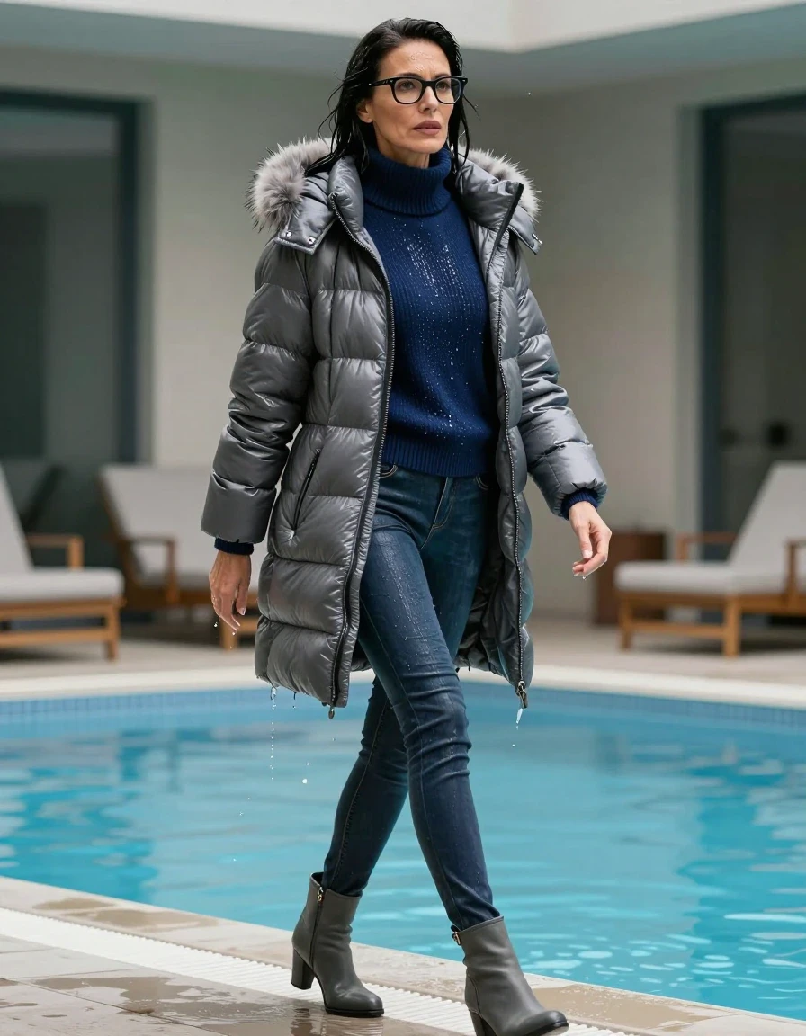 photo of young woman, in soaking wet, drenched clothes,
gray heeled boots, long back leather jeans, dark blue sweater with neck, maxi gray Moncler Shiny puffer down jacket with fur, walking and taking shower after bath in indoor pool, enjoying wet clothes stuck body, enjoying, wet clothes stuck to body, 
enjoying, wet clothes stuck to body,
detailed textures of the wet clothes, wet face, wet plastered hair,
wet, drenched, professional, high-quality details, full body view.
sharp focus, ultra-high pixel detail, realistic, high-quality, full colors, incredibly detailed, 4k, 8k, 16k, hyper-realistic, RAW photo, masterpiece, ultra-detailed, professionally color graded, professional photograph, europen brunette skinny woman 50 years old, long dark black hair, office glasses, very big and thick lips, complete body, wet skin, wet clothes, damp fabric, wet skin, wet clothes, damp fabric, wet skin, wet clothes, damp fabric, wet skin, wet clothes, damp fabric, wet skin, wet clothes, damp fabric, wet skin, wet clothes, damp fabric, wet skin, wet clothes, damp fabric