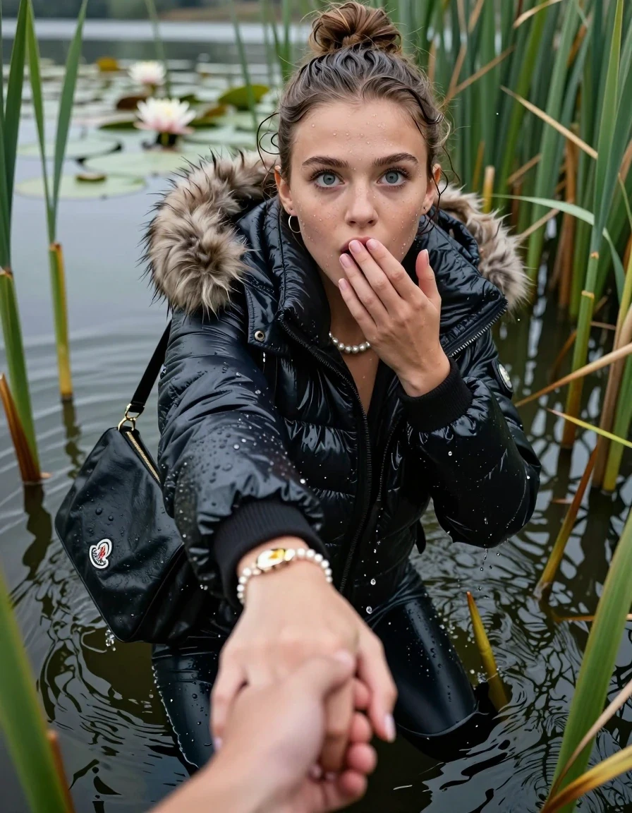 photo of young woman, in soaking wet, drenched clothes,
, black leatherleggings , Moncler shiny puffer down coat with fur, v-neck sweater, shoulderbag, pearl necklace, bracelet, wristwatch, Go back in the water after diving in a lake with water lilies and reeds, 
enjoying, wet clothes stuck to body,
detailed textures of the wet clothes, wet face, wet plastered hair,
wet, drenched, professional, high-quality details, full body view.
sharp focus, ultra-high pixel detail, realistic, high-quality, full colors, incredibly detailed, 4k, 8k, 16k, hyper-realistic, RAW photo, masterpiece, ultra-detailed, professionally color graded, professional photograph, Topknot

15 years old  teenage girl

Looking up, head in the neck, open mouth, big eyes. 0ne hand on her mouth, hold with the other the viewer's hand, pulling them toward the center of the water.  Whole body and shoulders are submerged under the surface. Looking up at camera. horny eyes.

she is completely underwater up to her neck,  afraid and sexuell astonished expression.

She hides in the reeds.

her submerged clothes are hardly vusible under water, she soaked her handbag into the water
she is completely underwater up to her neck, afraid and astonished expression. 

her clothing is soaking wet and clinging tightly to her skin, showing heavy wet folds, darkened fabric texture, and deep water-saturated Patches, her clothes are heavy from the water, water runs from her body and her clothes in streams. A lot of water also runs out of her clothes. Her clothes are darkened by the water. Her submerged clothes are good visible under the water.  she soaked her handbag into the water.

close up view, wet skin, wet clothes, wet hair, damp fabric, water runs down the clothes, wet skin, wet clothes, damp fabric. cinematic medium shot, hyper-realistic wetness, high-contrast water sheen, sharp focus, 16k resolution, professional photography, realistic water physics., wet skin, wet clothes, damp fabric, wet skin, wet clothes, damp fabric