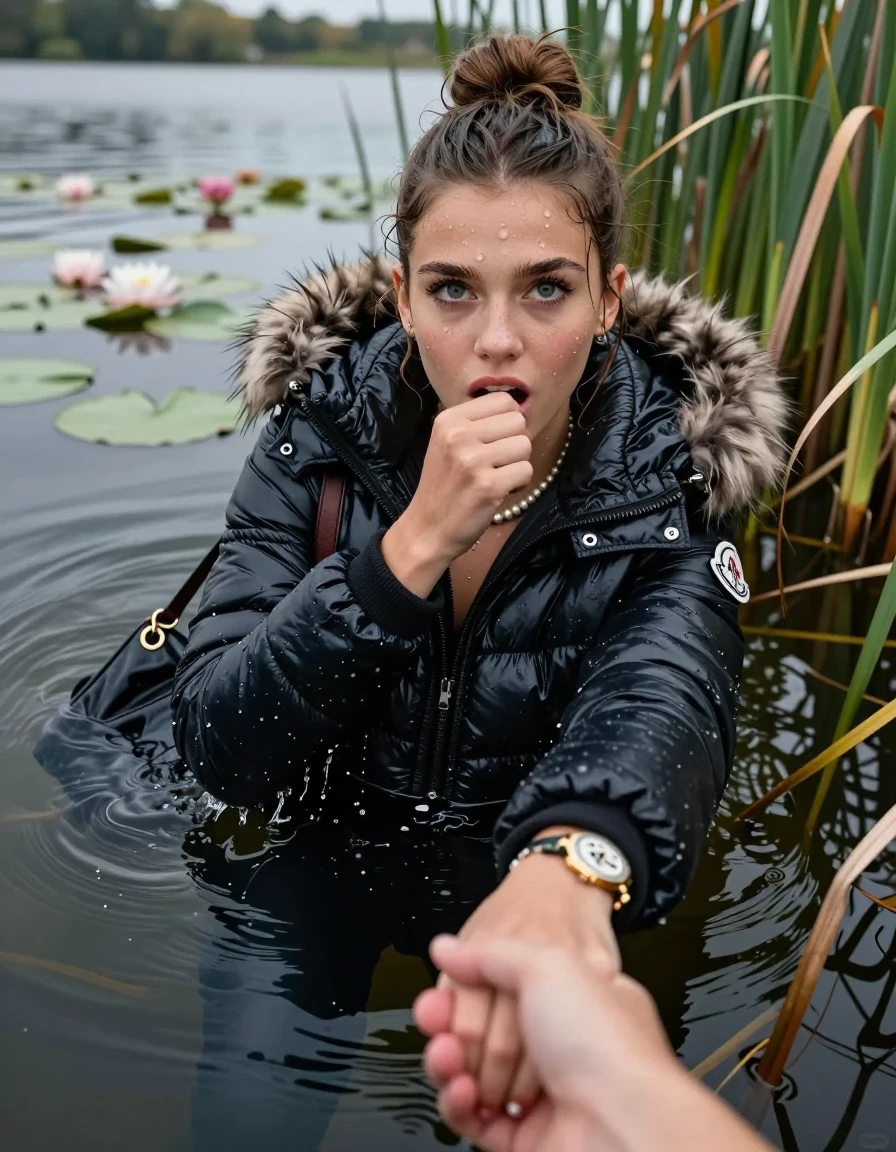 photo of young woman, in soaking wet, drenched clothes,
, black leatherleggings , Moncler shiny puffer down coat with fur, v-neck sweater, shoulderbag, pearl necklace, bracelet, wristwatch, Go back in the water after diving in a lake with water lilies and reeds, 
enjoying, wet clothes stuck to body,
detailed textures of the wet clothes, wet face, wet plastered hair,
wet, drenched, professional, high-quality details, full body view.
sharp focus, ultra-high pixel detail, realistic, high-quality, full colors, incredibly detailed, 4k, 8k, 16k, hyper-realistic, RAW photo, masterpiece, ultra-detailed, professionally color graded, professional photograph, Topknot

15 years old  teenage girl

Looking up, head in the neck, open mouth, big eyes. 0ne hand on her mouth, hold with the other the viewer's hand, pulling them toward the center of the water.  Whole body and shoulders are submerged under the surface. Looking up at camera. horny eyes.

she is completely underwater up to her neck,  horny and sexuell aroused expression.

She hides in the reeds.

her submerged clothes are hardly vusible under water, she soaked her handbag into the water
she is completely underwater up to her neck, afraid and astonished expression. 

her clothing is soaking wet and clinging tightly to her skin, showing heavy wet folds, darkened fabric texture, and deep water-saturated Patches, her clothes are heavy from the water, water runs from her body and her clothes in streams. A lot of water also runs out of her clothes. Her clothes are darkened by the water. Her submerged clothes are good visible under the water.  she soaked her handbag into the water.

close up view, wet skin, wet clothes, wet hair, damp fabric, water runs down the clothes, wet skin, wet clothes, damp fabric. cinematic medium shot, hyper-realistic wetness, high-contrast water sheen, sharp focus, 16k resolution, professional photography, realistic water physics., wet skin, wet clothes, damp fabric, wet skin, wet clothes, damp fabric
