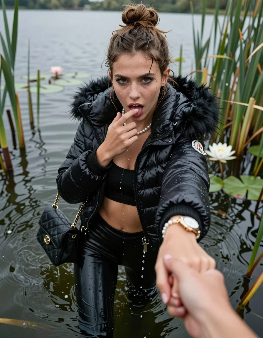 photo of young woman, in soaking wet, drenched clothes,
, black leatherleggings , Moncler shiny puffer down coat with fur, tight sexy longsleeve crop top with wide neckline belly free, handbag, pearl necklace, bracelet, wristwatch, Go back in the water after diving in a lake with water lilies and reeds, 
enjoying, wet clothes stuck to body,
detailed textures of the wet clothes, wet face, wet plastered hair,
wet, drenched, professional, high-quality details, full body view.
sharp focus, ultra-high pixel detail, realistic, high-quality, full colors, incredibly detailed, 4k, 8k, 16k, hyper-realistic, RAW photo, masterpiece, ultra-detailed, professionally color graded, professional photograph, Topknot

15 years old  teenage girl

open mouth, big eyes. 0ne hand with a finger at her tongue  inside her mouth, hold with the other the viewer's hand, pulling them toward the center of the water.  Whole body and shoulders are submerged under the surface. Looking up at camera. horny eyes.

she is completely underwater up to her neck,  horny and sexuell aroused expression.

She hides in the reeds.

her submerged clothes are hardly vusible under water, she soaked her handbag into the water
she is completely underwater up to her neck, afraid and astonished expression. 

her clothing is soaking wet and clinging tightly to her skin, showing heavy wet folds, darkened fabric texture, and deep water-saturated Patches, her clothes are heavy from the water, water runs from her body and her clothes in streams. A lot of water also runs out of her clothes. Her clothes are darkened by the water. Her submerged clothes are good visible under the water.  she soaked her handbag into the water.

close up view, wet skin, wet clothes, wet hair, damp fabric, water runs down the clothes, wet skin, wet clothes, damp fabric. cinematic medium shot, hyper-realistic wetness, high-contrast water sheen, sharp focus, 16k resolution, professional photography, realistic water physics., wet skin, wet clothes, damp fabric, wet skin, wet clothes, damp fabric