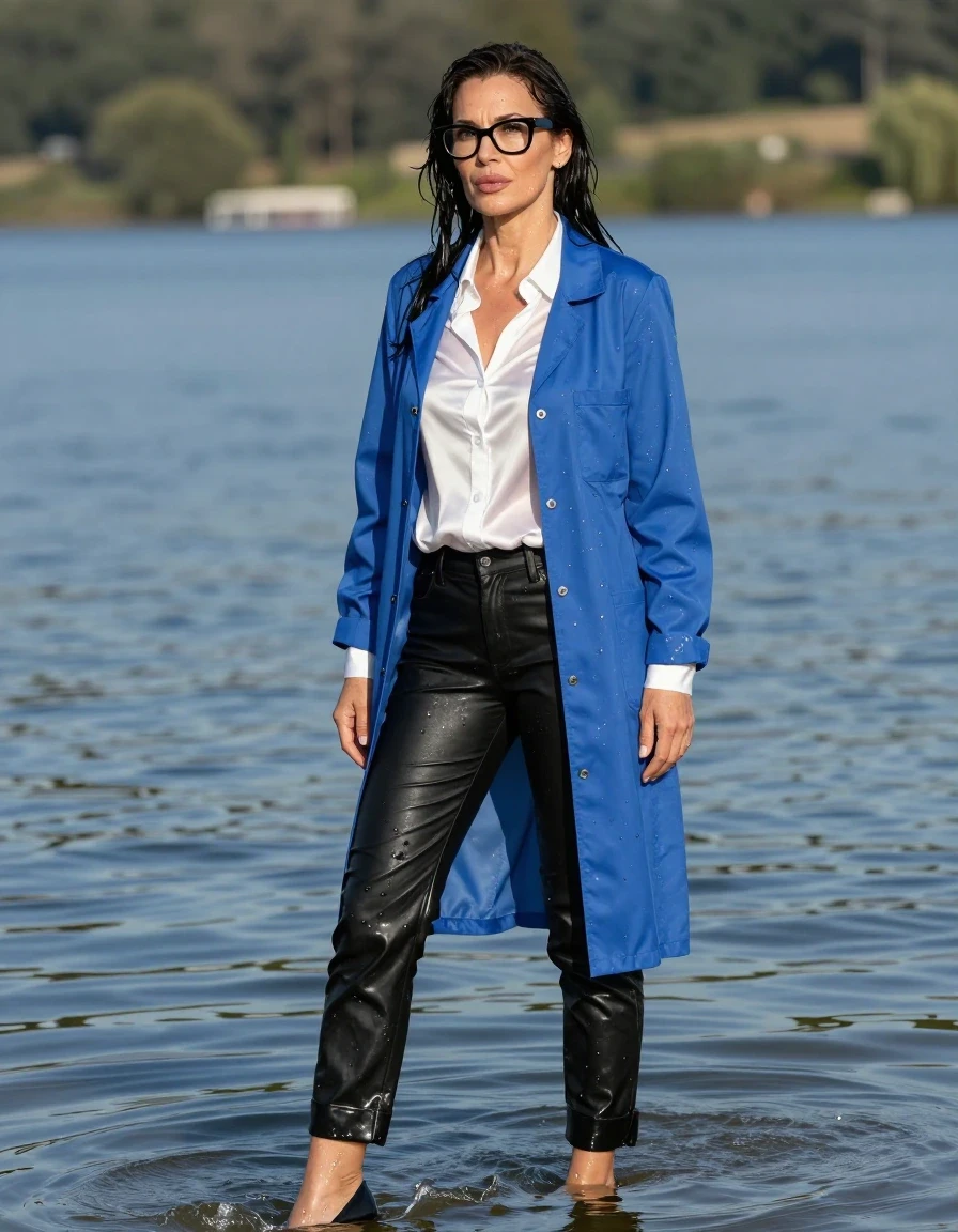 photo of young woman, in soaking wet, drenched clothes,
black shoes with high heels, long black leather trousers, white silk satin shirt, maxi blue labcoat, complete submerged in sunny lake, enjoying wet clothes stuck body, enjoying, wet clothes stuck to body, 
enjoying, wet clothes stuck to body,
detailed textures of the wet clothes, wet face, wet plastered hair,
wet, drenched, professional, high-quality details, full body view.
sharp focus, ultra-high pixel detail, realistic, high-quality, full colors, incredibly detailed, 4k, 8k, 16k, hyper-realistic, RAW photo, masterpiece, ultra-detailed, professionally color graded, professional photograph, europen brunette skinny woman 50 years old, long dark black hair, office glasses, very big and thick lips, complete body, wet skin, wet clothes, damp fabric, wet skin, wet clothes, damp fabric, wet skin, wet clothes, damp fabric, wet skin, wet clothes, damp fabric, wet skin, wet clothes, damp fabric, wet skin, wet clothes, damp fabric, wet skin, wet clothes, damp fabric
