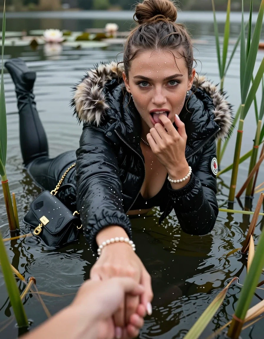 photo of young woman, in soaking wet, drenched clothes,
, black leatherleggings , Moncler shiny puffer down jacket with fur, tight sexy longsleeve crop top with wide neckline belly free, handbag, pearl necklace, bracelet, wristwatch, Emerging after diving in a lake with water lilies and reeds, 
enjoying, wet clothes stuck to body,
detailed textures of the wet clothes, wet face, wet plastered hair,
wet, drenched, professional, high-quality details, full body view.
sharp focus, ultra-high pixel detail, realistic, high-quality, full colors, incredibly detailed, 4k, 8k, 16k, hyper-realistic, RAW photo, masterpiece, ultra-detailed, professionally color graded, professional photograph, Topknot

15 years old  teenage girl

open mouth, big eyes. 0ne hand with a finger at her tongue  inside her mouth, hold with the other the viewer's hand, pulling them toward the center of the water. Laying her breast and arms on the surface.  Whole body and shoulders are submerged under the surface. Looking up at camera. horny eyes.

she is completely underwater up to her neck,  horny and sexuell aroused expression.

She hides in the reeds.

her submerged clothes are hardly vusible under water, she soaked her handbag into the water
she is completely underwater up to her neck, afraid and astonished expression. 

her clothing is soaking wet and clinging tightly to her skin, showing heavy wet folds, darkened fabric texture, and deep water-saturated Patches, her clothes are heavy from the water, water runs from her body and her clothes in streams. A lot of water also runs out of her clothes. Her clothes are darkened by the water. Her submerged clothes are good visible under the water.  she soaked her handbag into the water.

close up view, wet skin, wet clothes, wet hair, damp fabric, water runs down the clothes, wet skin, wet clothes, damp fabric. cinematic medium shot, hyper-realistic wetness, high-contrast water sheen, sharp focus, 16k resolution, professional photography, realistic water physics., wet skin, wet clothes, damp fabric, wet skin, wet clothes, damp fabric