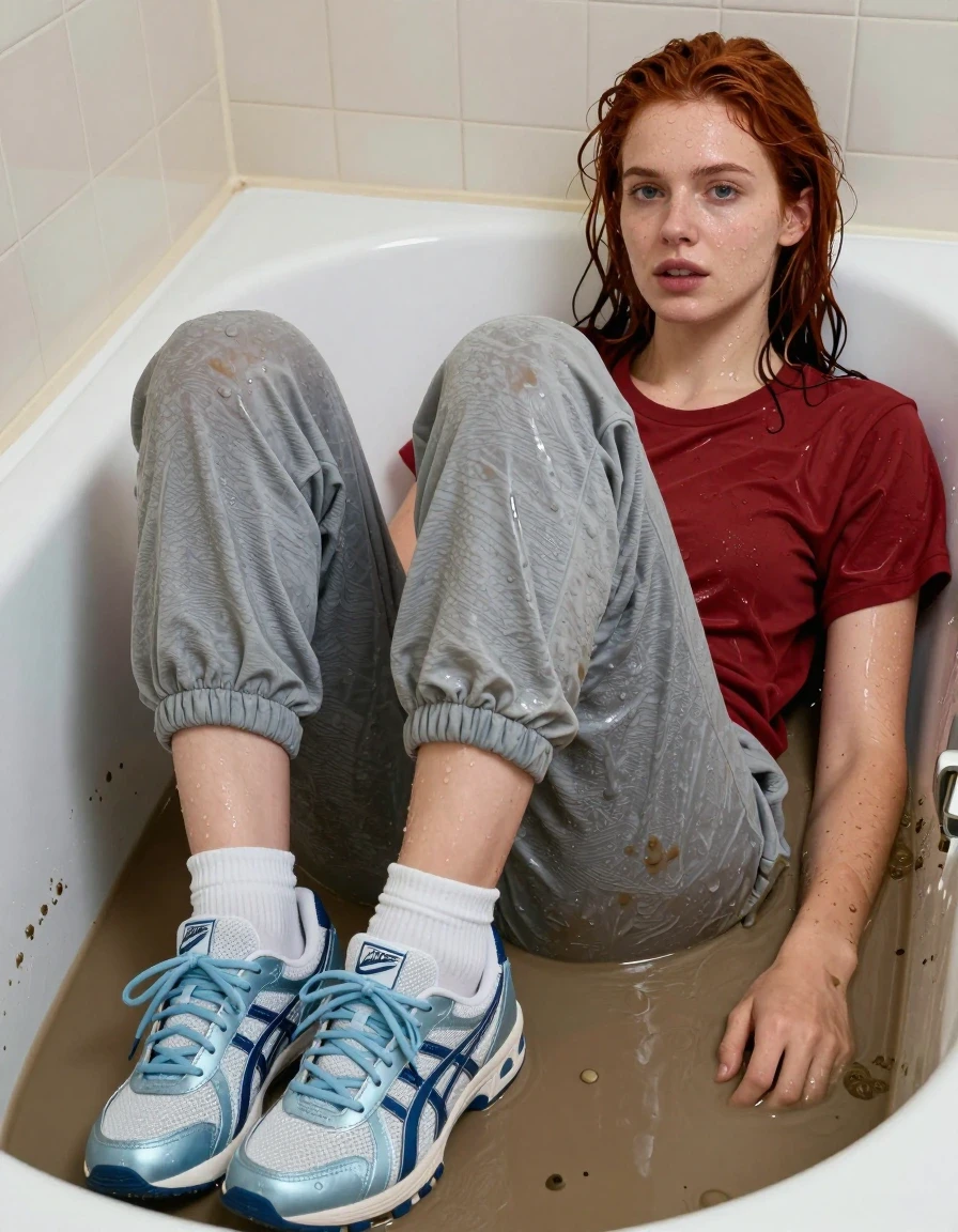 photo of young woman, in soaking wet, drenched clothes,
light blue asics sneakers, white low socks, sweatpants, red t shirt, tub, 
enjoying, wet clothes stuck to body,
detailed textures of the wet clothes, wet face, wet plastered hair,
wet, drenched, professional, high-quality details, full body view.
sharp focus, ultra-high pixel detail, realistic, high-quality, full colors, incredibly detailed, 4k, 8k, 16k, hyper-realistic, RAW photo, masterpiece, ultra-detailed, professionally color graded, professional photograph, lying in the tub full of mud, both legs out of mud, red hair, wet skin, wet clothes, damp fabric