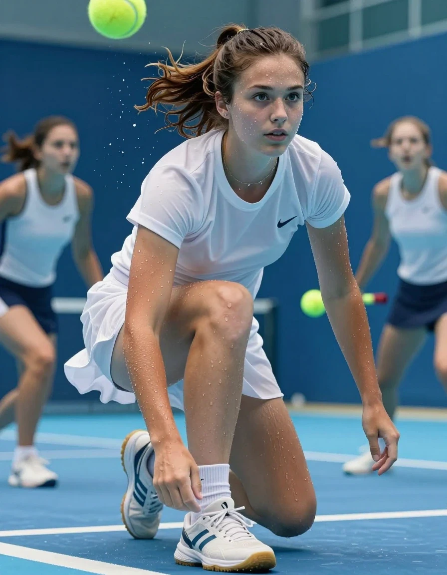 photo of young woman, in soaking wet, drenched clothes,
tennis sneakers, white low socks, skirt, white t shirt, pool, 
enjoying, wet clothes stuck to body,
detailed textures of the wet clothes, wet face, wet plastered hair,
wet, drenched, professional, high-quality details, full body view.
sharp focus, ultra-high pixel detail, realistic, high-quality, full colors, incredibly detailed, 4k, 8k, 16k, hyper-realistic, RAW photo, masterpiece, ultra-detailed, professionally color graded, professional photograph, two girls playing tennis underwater, wet skin, wet clothes, damp fabric
