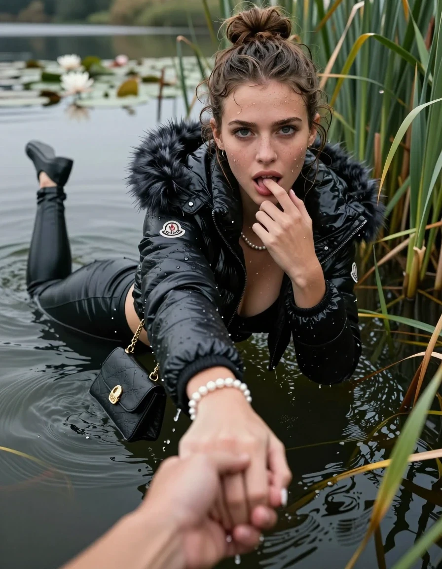 photo of young woman, in soaking wet, drenched clothes,
, black leatherleggings , Moncler shiny puffer down coat with fur, tight sexy longsleeve crop top with wide neckline belly free, handbag, pearl necklace, bracelet, wristwatch, Go back in the water after diving in a lake with water lilies and reeds, 
enjoying, wet clothes stuck to body,
detailed textures of the wet clothes, wet face, wet plastered hair,
wet, drenched, professional, high-quality details, full body view.
sharp focus, ultra-high pixel detail, realistic, high-quality, full colors, incredibly detailed, 4k, 8k, 16k, hyper-realistic, RAW photo, masterpiece, ultra-detailed, professionally color graded, professional photograph, Topknot

15 years old  teenage girl

open mouth, big eyes. 0ne hand with a finger at her tongue  inside her mouth, hold with the other the viewer's hand, pulling them toward the center of the water. Laying her breast and arms on the surface.  Whole body and shoulders are submerged under the surface. Looking up at camera. horny eyes.

she is completely underwater up to her neck,  horny and sexuell aroused expression.

She hides in the reeds.

her submerged clothes are hardly vusible under water, she soaked her handbag into the water
she is completely underwater up to her neck, afraid and astonished expression. 

her clothing is soaking wet and clinging tightly to her skin, showing heavy wet folds, darkened fabric texture, and deep water-saturated Patches, her clothes are heavy from the water, water runs from her body and her clothes in streams. A lot of water also runs out of her clothes. Her clothes are darkened by the water. Her submerged clothes are good visible under the water.  she soaked her handbag into the water.

close up view, wet skin, wet clothes, wet hair, damp fabric, water runs down the clothes, wet skin, wet clothes, damp fabric. cinematic medium shot, hyper-realistic wetness, high-contrast water sheen, sharp focus, 16k resolution, professional photography, realistic water physics., wet skin, wet clothes, damp fabric, wet skin, wet clothes, damp fabric