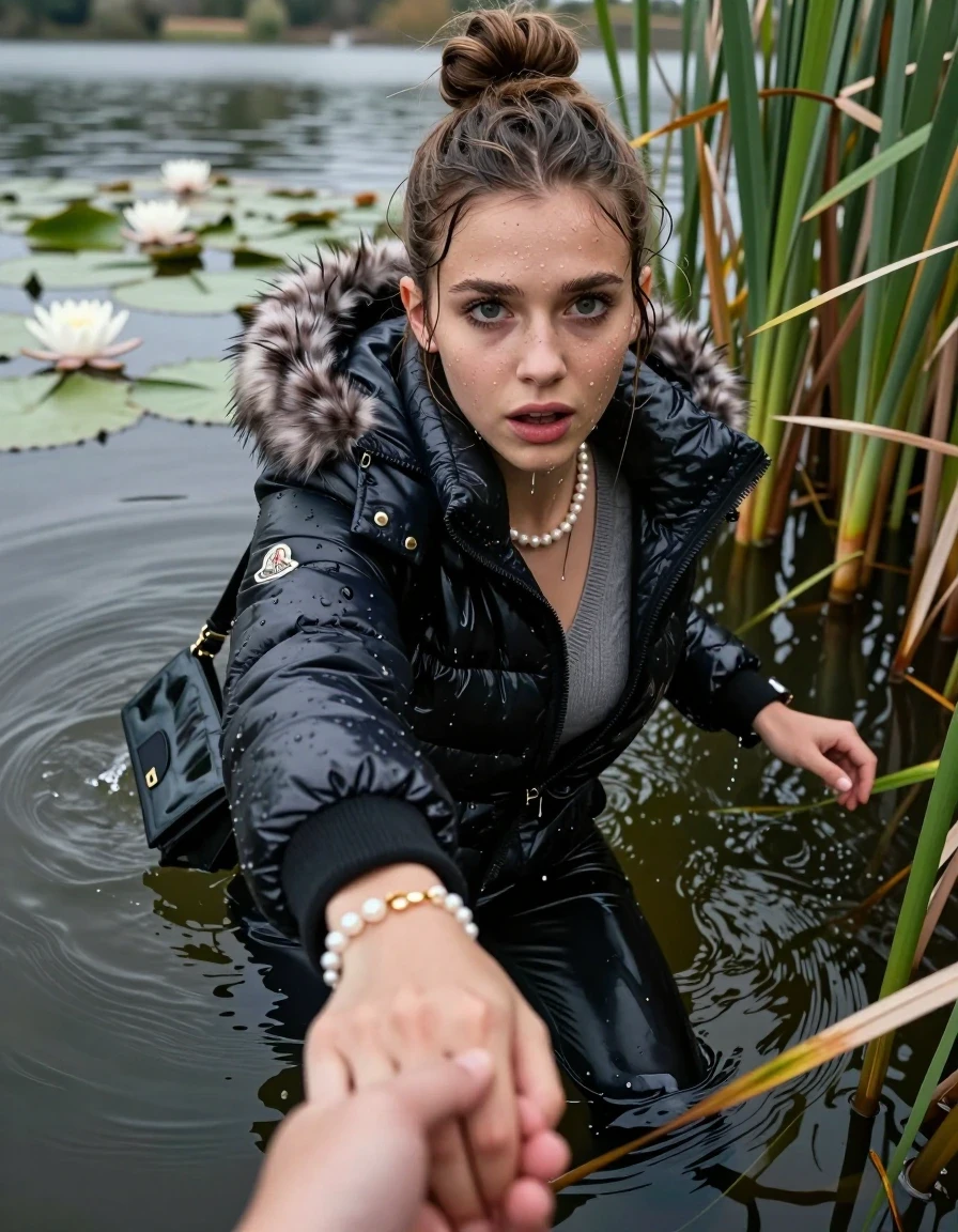 photo of young woman, in soaking wet, drenched clothes,
, black leatherleggings , Moncler shiny puffer down coat with fur, v-neck sweater, shoulderbag, pearl necklace, bracelet, wristwatch, Go back in the water after diving in a lake with water lilies and reeds, 
enjoying, wet clothes stuck to body,
detailed textures of the wet clothes, wet face, wet plastered hair,
wet, drenched, professional, high-quality details, full body view.
sharp focus, ultra-high pixel detail, realistic, high-quality, full colors, incredibly detailed, 4k, 8k, 16k, hyper-realistic, RAW photo, masterpiece, ultra-detailed, professionally color graded, professional photograph, Topknot

15 years old  teenage girl

Looking up, head in the neck, open mouth, big eyes. hold with a hand the viewer's hand, pulling them toward the center of the water.  Whole body and shoulders are submerged under the surface. Looking up at camera. horny eyes.

she is completely underwater up to her neck,  afraid and sexuell astonished expression.

She hides in the reeds.

her submerged clothes are hardly vusible under water, she soaked her handbag into the water
she is completely underwater up to her neck, afraid and astonished expression. 

her clothing is soaking wet and clinging tightly to her skin, showing heavy wet folds, darkened fabric texture, and deep water-saturated Patches, her clothes are heavy from the water, water runs from her body and her clothes in streams. A lot of water also runs out of her clothes. Her clothes are darkened by the water. Her submerged clothes are good visible under the water.  she soaked her handbag into the water.

close up view, wet skin, wet clothes, wet hair, damp fabric, water runs down the clothes, wet skin, wet clothes, damp fabric. cinematic medium shot, hyper-realistic wetness, high-contrast water sheen, sharp focus, 16k resolution, professional photography, realistic water physics., wet skin, wet clothes, damp fabric, wet skin, wet clothes, damp fabric