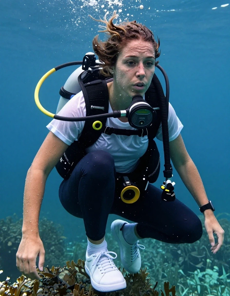 photo of young woman, in soaking wet, drenched clothes,
sneakers, white  socks, leggins, white t shirt, sea underwater, 
enjoying, wet clothes stuck to body,
detailed textures of the wet clothes, wet face, wet plastered hair,
wet, drenched, professional, high-quality details, full body view.
sharp focus, ultra-high pixel detail, realistic, high-quality, full colors, incredibly detailed, 4k, 8k, 16k, hyper-realistic, RAW photo, masterpiece, ultra-detailed, professionally color graded, professional photograph, having a scuba gear in casual clothes, wet skin, wet clothes, damp fabric
