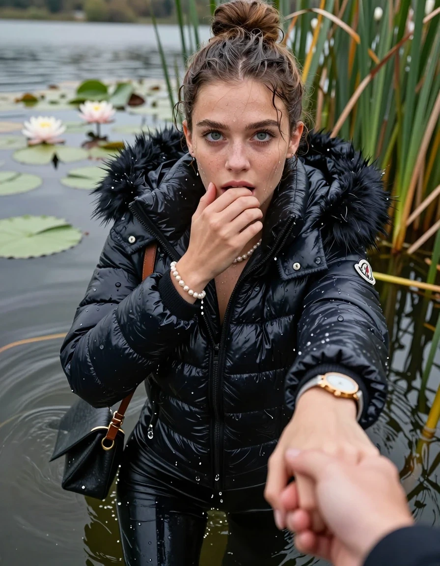photo of young woman, in soaking wet, drenched clothes,
, black leatherleggings , Moncler shiny puffer down coat with fur, v-neck sweater, shoulderbag, pearl necklace, bracelet, wristwatch, Go back in the water after diving in a lake with water lilies and reeds, 
enjoying, wet clothes stuck to body,
detailed textures of the wet clothes, wet face, wet plastered hair,
wet, drenched, professional, high-quality details, full body view.
sharp focus, ultra-high pixel detail, realistic, high-quality, full colors, incredibly detailed, 4k, 8k, 16k, hyper-realistic, RAW photo, masterpiece, ultra-detailed, professionally color graded, professional photograph, Topknot

15 years old  teenage girl

Looking up, head in the neck, open mouth, big eyes. 0ne hand on her mouth, hold with the other the viewer's hand, pulling them toward the center of the water.  Whole body and shoulders are submerged under the surface. Looking up at camera. horny eyes.

she is completely underwater up to her neck,  horny and sexuell aroused expression.

She hides in the reeds.

her submerged clothes are hardly vusible under water, she soaked her handbag into the water
she is completely underwater up to her neck, afraid and astonished expression. 

her clothing is soaking wet and clinging tightly to her skin, showing heavy wet folds, darkened fabric texture, and deep water-saturated Patches, her clothes are heavy from the water, water runs from her body and her clothes in streams. A lot of water also runs out of her clothes. Her clothes are darkened by the water. Her submerged clothes are good visible under the water.  she soaked her handbag into the water.

close up view, wet skin, wet clothes, wet hair, damp fabric, water runs down the clothes, wet skin, wet clothes, damp fabric. cinematic medium shot, hyper-realistic wetness, high-contrast water sheen, sharp focus, 16k resolution, professional photography, realistic water physics., wet skin, wet clothes, damp fabric, wet skin, wet clothes, damp fabric