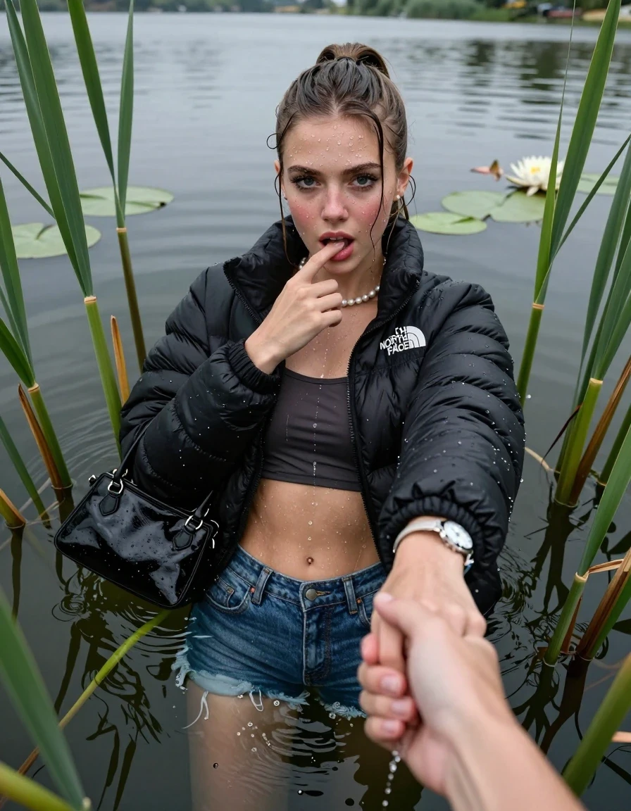 photo of young woman, in soaking wet, drenched clothes,
, sexy mini jeans short, black puffer down jacket from north face, tight sexy longsleeve crop top with wide neckline belly free, handbag, pearl necklace, bracelet, wristwatch, Emerging after diving in a lake with water lilies and reeds, 
enjoying, wet clothes stuck to body,
detailed textures of the wet clothes, wet face, wet plastered hair,
wet, drenched, professional, high-quality details, full body view.
sharp focus, ultra-high pixel detail, realistic, high-quality, full colors, incredibly detailed, 4k, 8k, 16k, hyper-realistic, RAW photo, masterpiece, ultra-detailed, professionally color graded, professional photograph, Sleek long ponytail with bangs

15 years old  teenage girl

open mouth, big eyes. 0ne hand with a finger at her tongue  inside her mouth, hold with the other the viewer's hand, pulling them toward the center of the water. Laying her breast and arms on the surface.  Whole body and shoulders are submerged under the surface. Looking up at camera. horny eyes.

she is completely underwater up to her neck,  horny and sexuell aroused expression.

She hides in the reeds.

her submerged clothes are hardly vusible under water, she soaked her handbag into the water
she is completely underwater up to her neck, afraid and astonished expression. 

her clothing is soaking wet and clinging tightly to her skin, showing heavy wet folds, darkened fabric texture, and deep water-saturated Patches, her clothes are heavy from the water, water runs from her body and her clothes in streams. A lot of water also runs out of her clothes. Her clothes are darkened by the water. Her submerged clothes are good visible under the water.  she soaked her handbag into the water.

close up view, wet skin, wet clothes, wet hair, damp fabric, water runs down the clothes, wet skin, wet clothes, damp fabric. cinematic medium shot, hyper-realistic wetness, high-contrast water sheen, sharp focus, 16k resolution, professional photography, realistic water physics., wet skin, wet clothes, damp fabric, wet skin, wet clothes, damp fabric